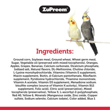 Bird food blend package with cockatiel and ingredients panel.