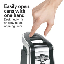 Black and stainless automatic can opener with easy-touch lever and top handle