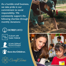 ComfiTime promotional charity collage with icons and text blocks