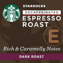 Starbucks decaffeinated espresso roast label, rich & caramelly notes, dark roast