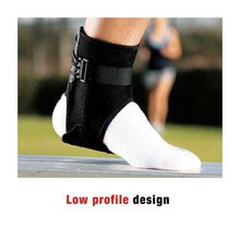 Black low-profile ankle brace with side straps and stabilizer support on foot