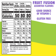 Nutrition facts label for Fruit Fusion assorted flavors fruit snacks