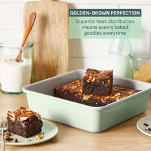 Mint green ceramic nonstick baking pan filled with brownies