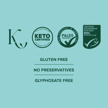 Collagen peptides supplement label badges: Keto Certified, Paleo, MSC, gluten free