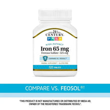 Iron 65 mg supplement bottle front with Compare vs. Feosol and 120 tablets
