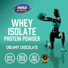 Whey isolate protein powder Creamy Chocolate promotional card with NOW Sports branding.