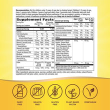 Kids multivitamin gummy bottle back label with supplement facts and diet icons