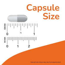 Capsule size graphic showing small white capsule with measurement marks