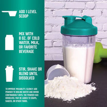 Chicken bone broth protein powder mixing instructions with scoop and shaker