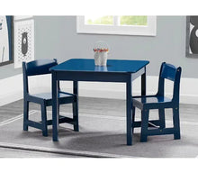 Kids wood table and chair set, dark blue tabletop with two chairs