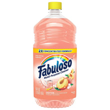 Peach-scent all purpose floor cleaner bottle, yellow cap, pink liquid, front view