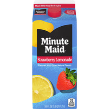 Strawberry lemonade drink carton front with "Made with Real Fruit Juice" badge and fruit art