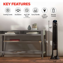 Black 40-inch tower fan with slim grille and control panel