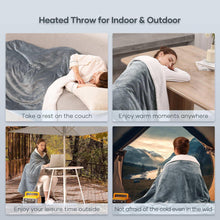Gray electric throw blanket with white sherpa lining, draped for warm lounging indoors and outside.