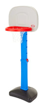 Kids basketball hoop with red rim and white net, blue pole, black base