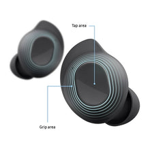 Graphite earbuds showing tap area and grip area on earbud body