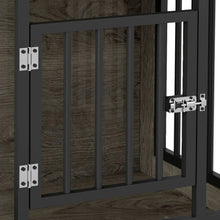 Dog crate door latch, hinges, and black metal bars in gray wood frame