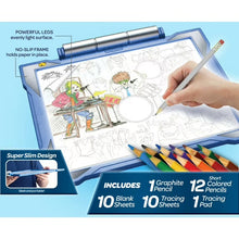 Blue light-up tracing pad with slim frame and graphite pencil, plus blank and tracing sheets