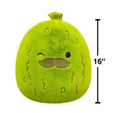 Green pickle plush toy with mustache, 16 in tall