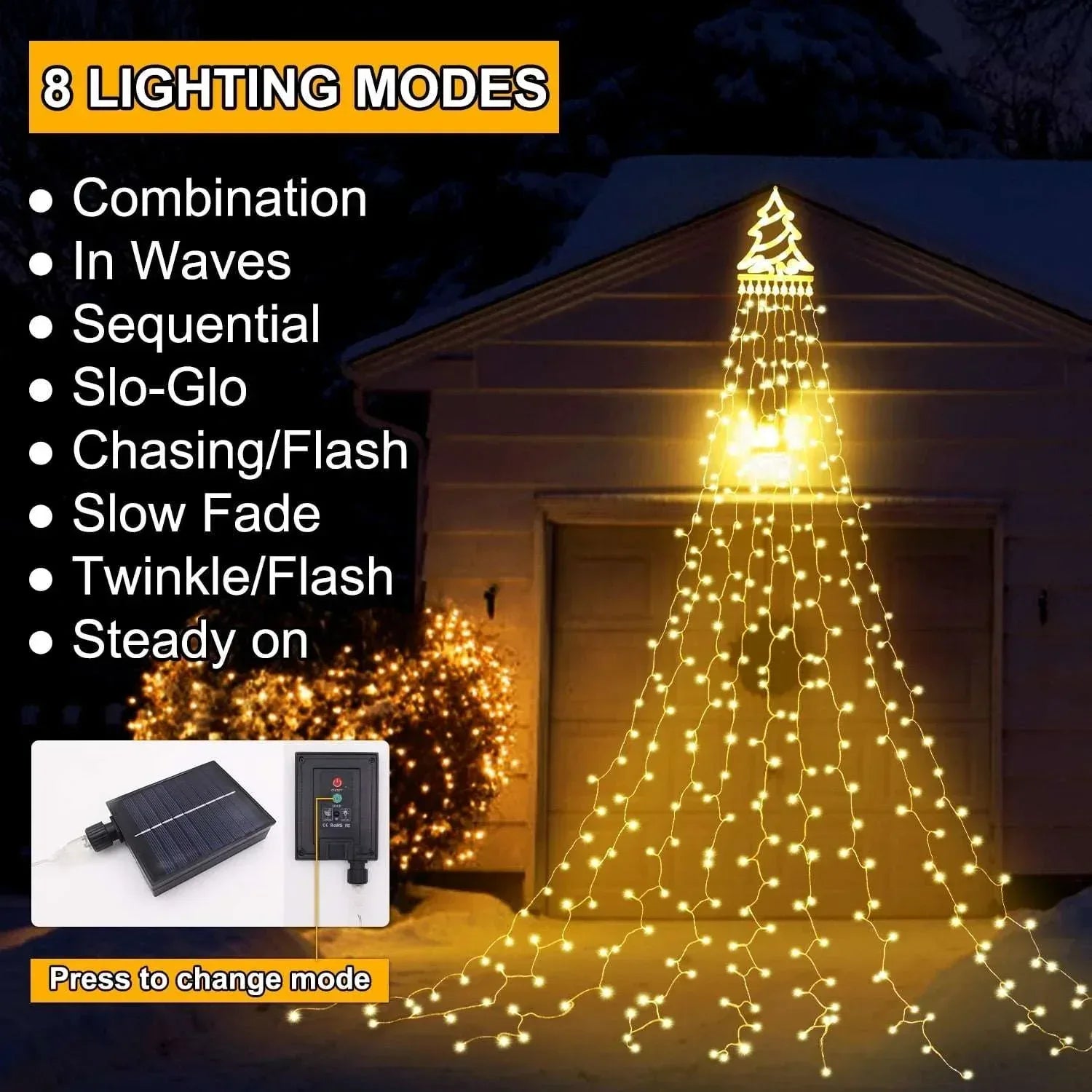 Magotan 12ft 350 LED Waterfall Christmas Lights Outdoor Decoration Twinkle Solar Christmas Tree String Lights with Top Star Xmas Holiday Garden Yard Decoration, Warm White - USA MEGA SHOP