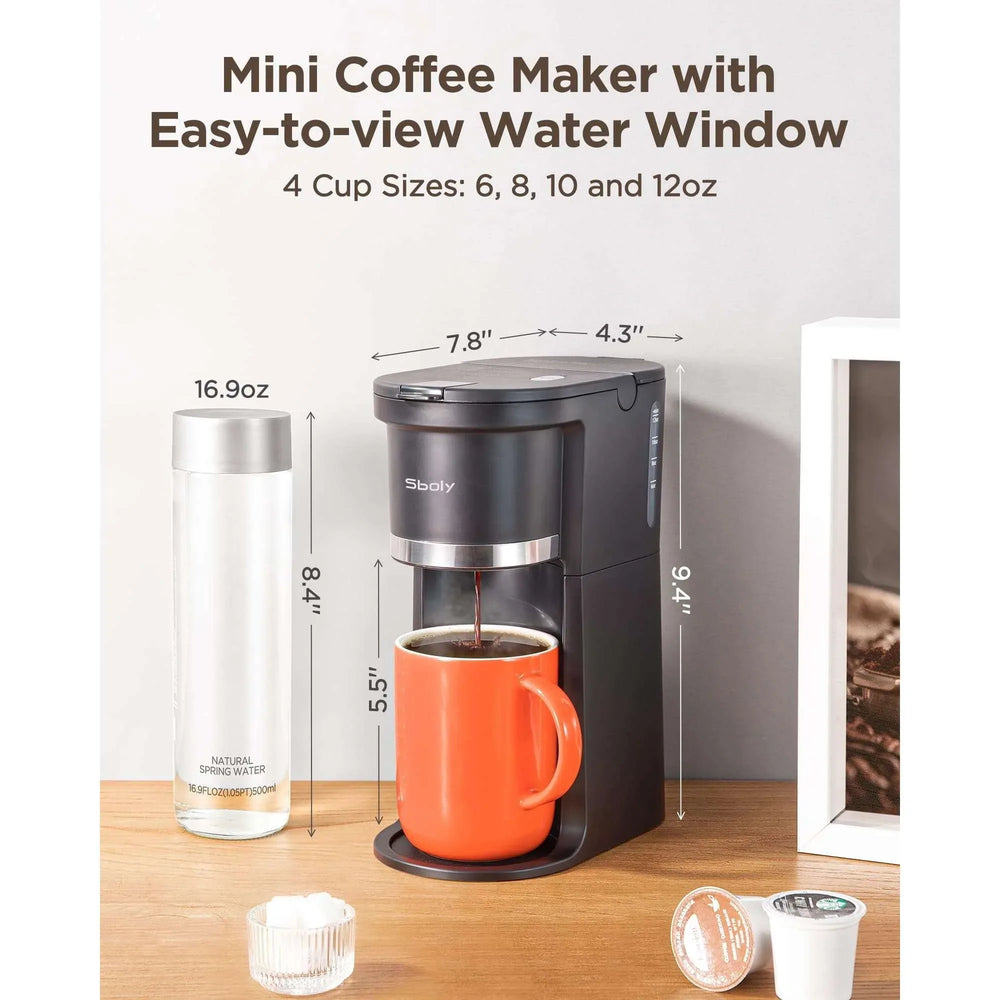 Sboly Mini Single Serve Coffee Maker, Instant Coffee Maker One Cup for K Cup & Ground Coffee, 6 to 12 oz Brew Sizes, Capsule Coffee Machine with Water Window and Descaling Reminder, Black - USA MEGA SHOP