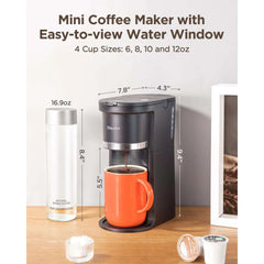 Sboly Mini Single Serve Coffee Maker, Instant Coffee Maker One Cup for K Cup & Ground Coffee, 6 to 12 oz Brew Sizes, Capsule Coffee Machine with Water Window and Descaling Reminder, Black - USA MEGA SHOP