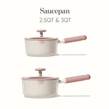 2.5QT and 3QT ceramic nonstick saucepans with white bodies, pink lids and handles