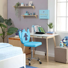 Blue kids desk chair with Stitch figural seatback and padded seat on swivel casters