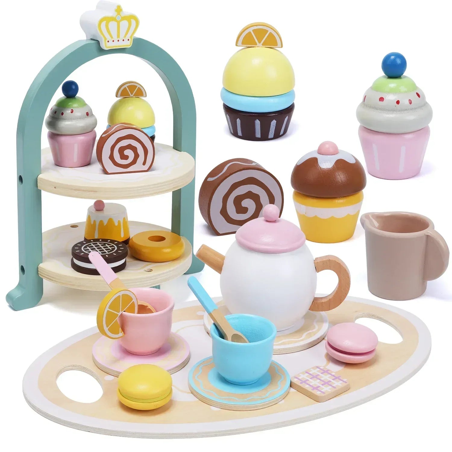 JoyStone Wooden Tea Party Set for Toddlers, Pretend Play Tea Sets for Kids with Storage Cupcake Stand, Wooden Toys Gifts for Girls & Boys