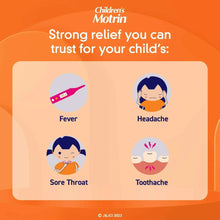 Children’s Motrin relief icons panel showing fever, headache, sore throat, and toothache