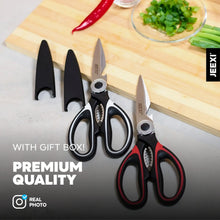 Kitchen scissors set with black and red handles and stainless steel blades
