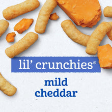 Mild cheddar lil’ crunchies baked grain snacks on a white surface