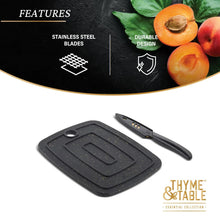 Speckled bar board with grooves and black knife with light blade, 2-piece set