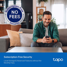 TP-Link Tapo subscription-free security promo graphic with no-fees badge