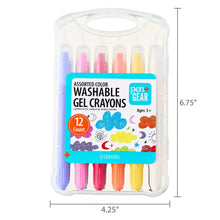 Assorted washable gel crayons in clear plastic case, 12 count, front label visible