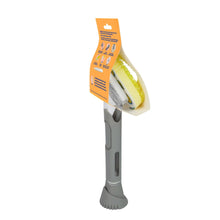 Dish wand with yellow sponge head and gray handle, with box insert