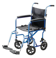 Blue transport wheelchair with black padded seat and back, swing-away footrests, side angle