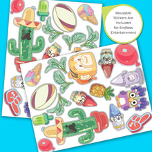 Reusable sticker sheet with assorted cartoon animals, plants, and food icons