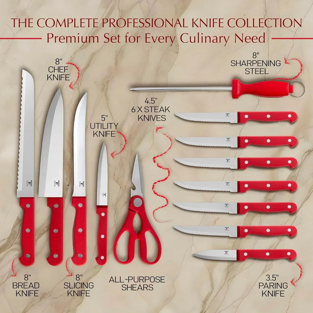 Moss & Stone Professional Kitchen Knife Chef Set, Small Knife Set With Block, Black Titanium Plated Kitchen Knife Set, Stainless Steel Scratch Resistant & Rust Proof Sharp Kitchen Knives. - USA MEGA SHOP
