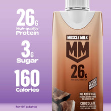 Chocolate protein shake bottle front, 26g protein, 3g sugar, 160 calories per 11 fl oz