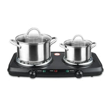Portable double burner hot plate with two stainless pots and lids