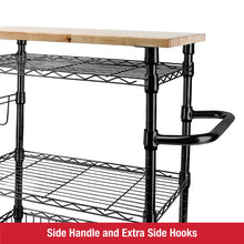 3-tier rolling utility cart with solid wood top, side handle and extra side hooks.