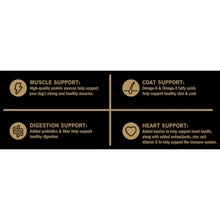 Dog food benefits icons panel for muscle, coat, digestion, and heart support