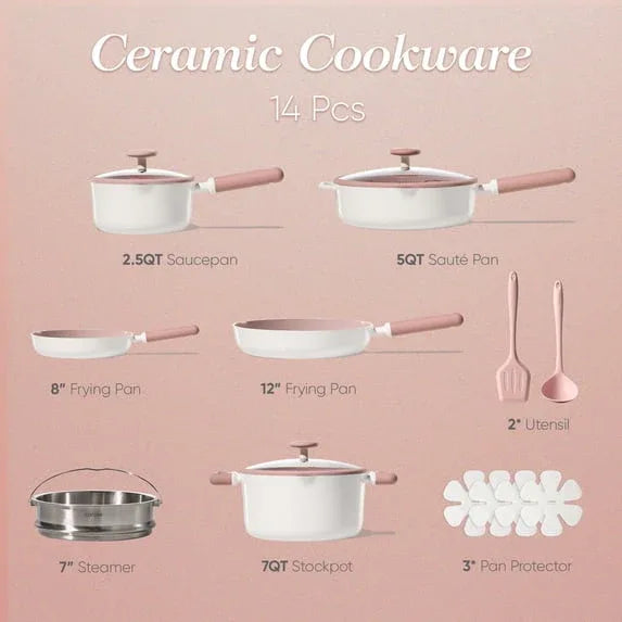 Carote 14-Piece Pots and Pans Set, Ceramic Nonstick Cookware Set with Steamer,Induction Compatible, Pink