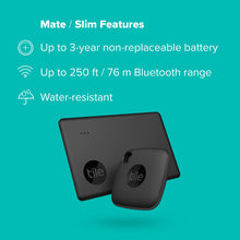 Two black Tile trackers shown with mate and slim features text