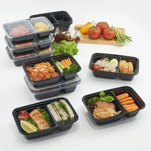 Two-compartment meal prep containers with clear lids, black bases with food portions