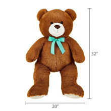 Brown teddy bear plush with teal ribbon bow, 32 in tall and 20 in wide