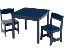 Kids wood table and chair set with dark blue table top and two matching chairs
