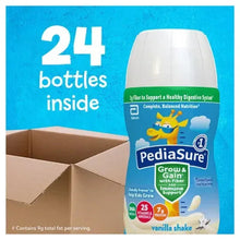 Pediasure Grow & Gain vanilla shake bottle and 24-pack carton