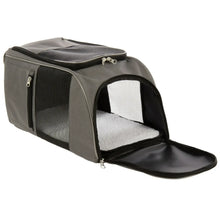Gray pet travel backpack with black trim and front mesh door